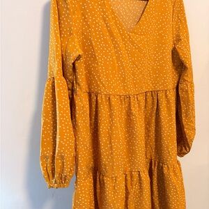 Source Unknown Mustard Yellow & White Polka Dot Tiered V-Neck Dress